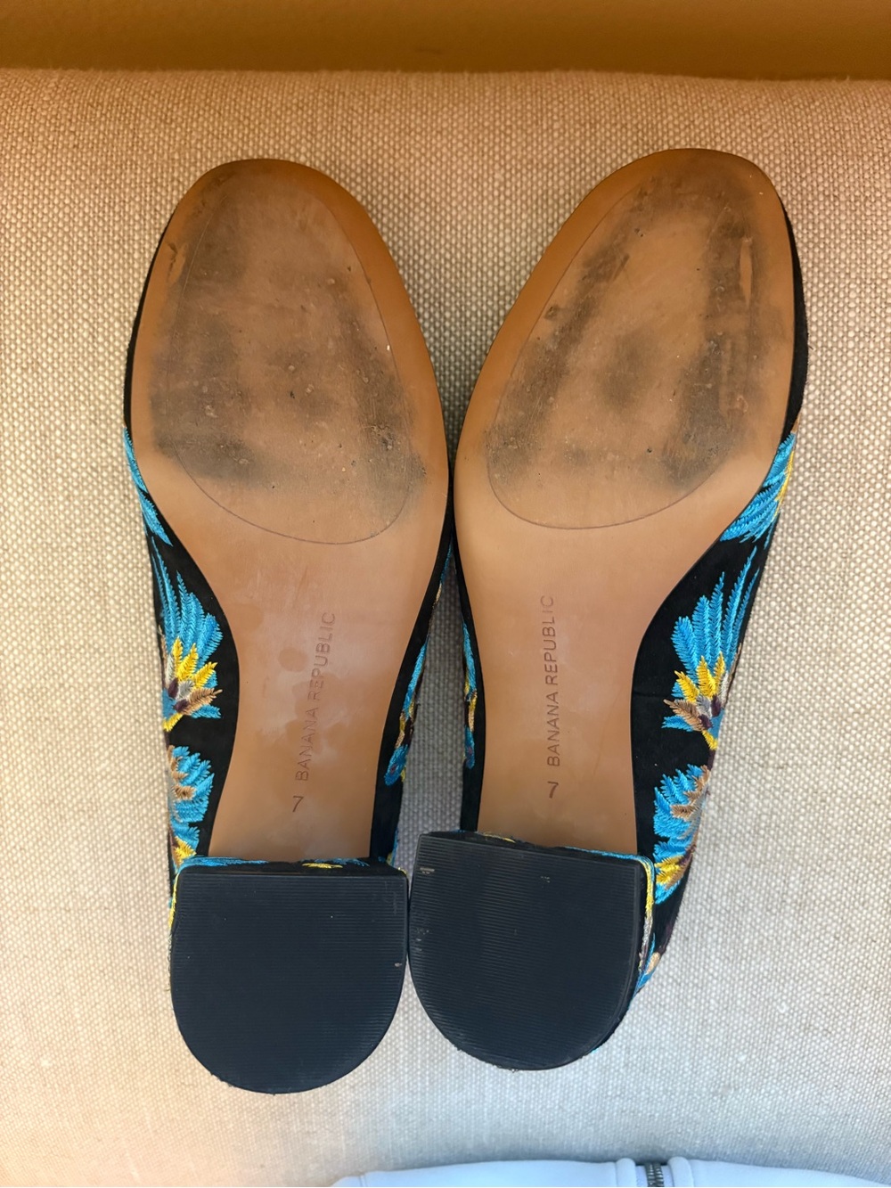 Banana Republic Black Suede Block Heel Loafers with Blue & Yellow Embroidery - Picture 4 of 4
